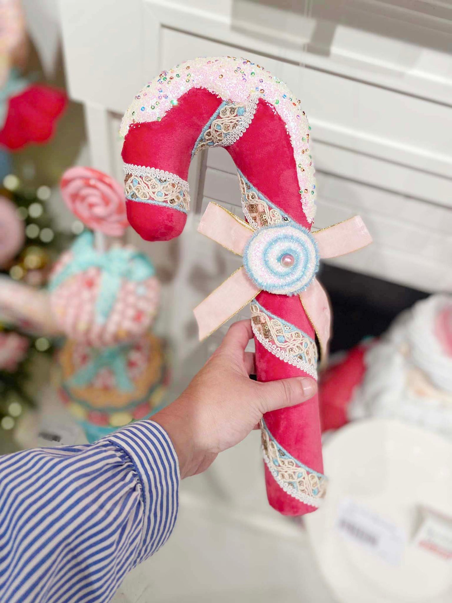 14" Pink Candy Cane w/Snow