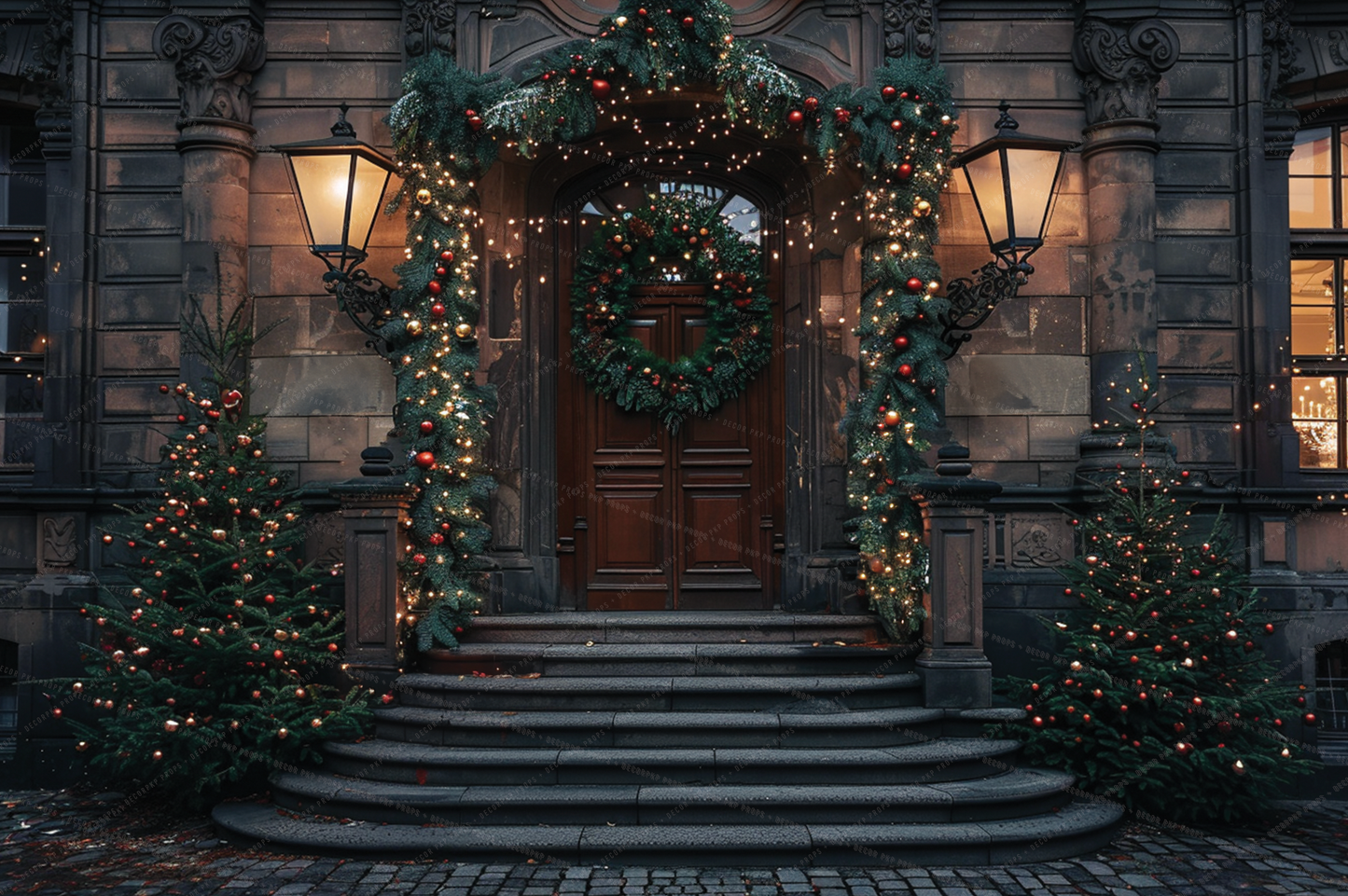 Town Hall Steps at Christmas with Red - VH
