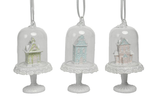 Pastel Gingerbread Houses in Cloche Ornaments