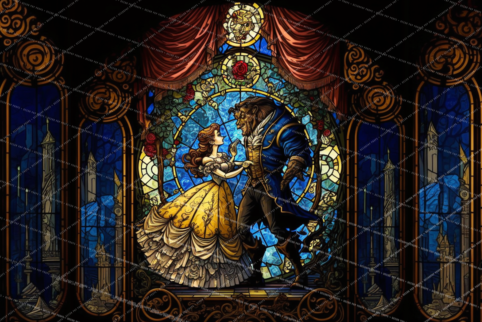 Mystical Beauty and the Beast Stained Glass Window Panel With Red Rose  Beauty & Beast Stain Glass Art Decor Customizable Item249 