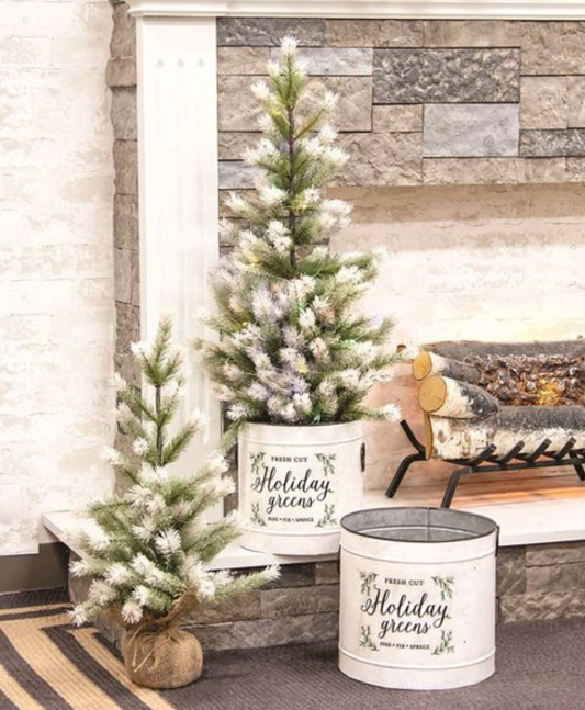 Holiday Greens Distressed Metal Pails - 2 Set